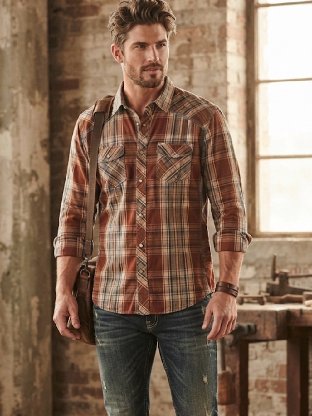 BKE Brown Plaid Western Shirt XL Rustic Rugged Athletic Fit Men’s Outdoor